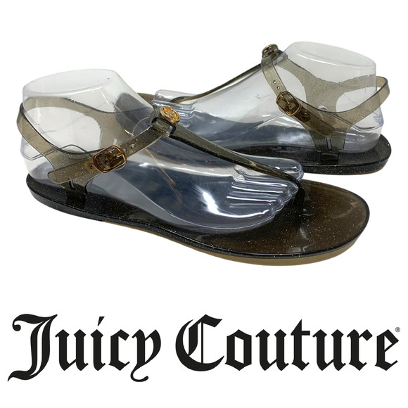 Juicy Couture Holland Black Gold Speck Jelly T-Strap Glitter Sandals Size 10 NEW - Picture 1 of 10